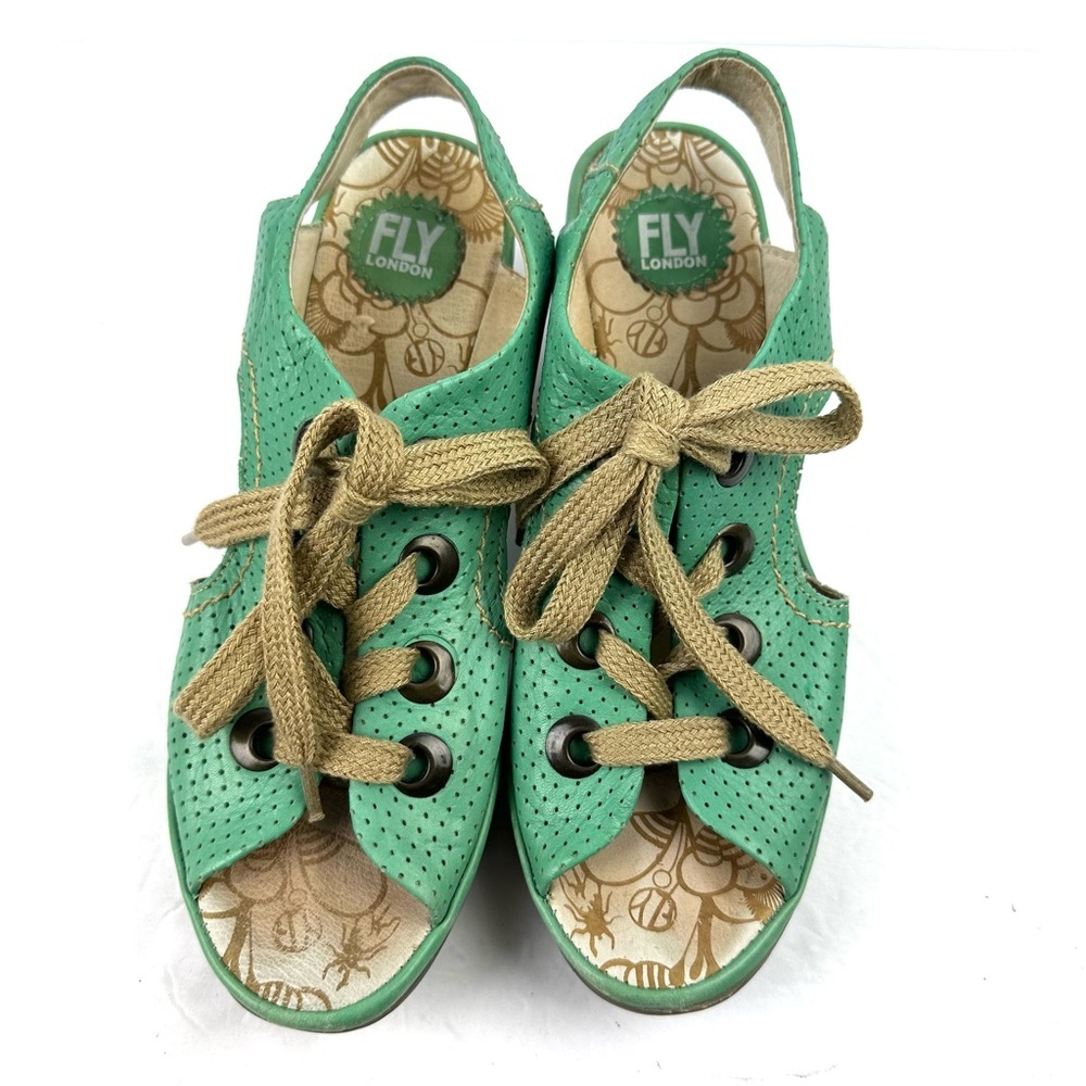 Fly London Yifa Lace Up Sandals 41 Green Leather Wedge Womens‎ Shoes